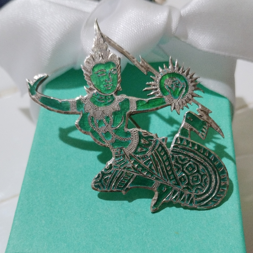 Vintage Siam Sterling Silver Niello Green Enamel Brooch Thai Mekkala Goddess